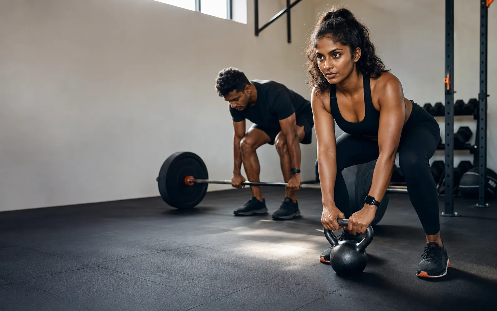 නවීන පුහුණු studio එකක kettlebell සහ barbell අභ්‍යාස වලට ලෑස්ති වෙන ශ්‍රී ලාංකික වැඩිහිටි ක්‍රීඩකයින් දෙදෙනෙක්
