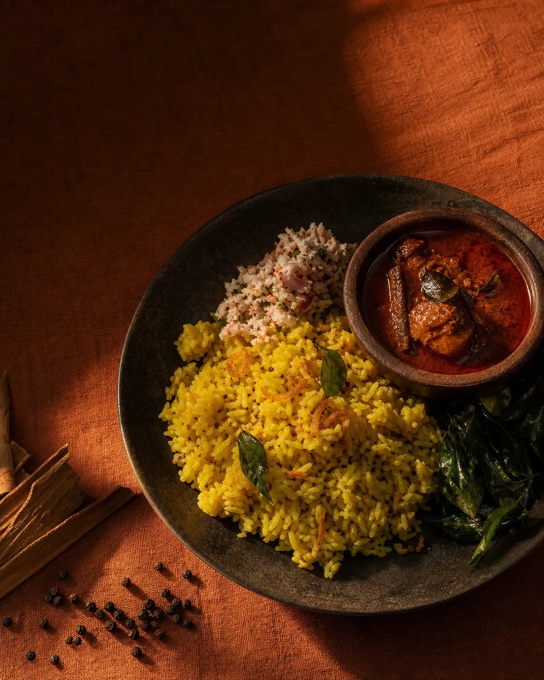 කහ බත්, කරිය සහ කරපිංචා බෙදපු කළු පිඟානකට උණුසුම් ආලෝකයක් වැටිලා තියෙන විදිහ.